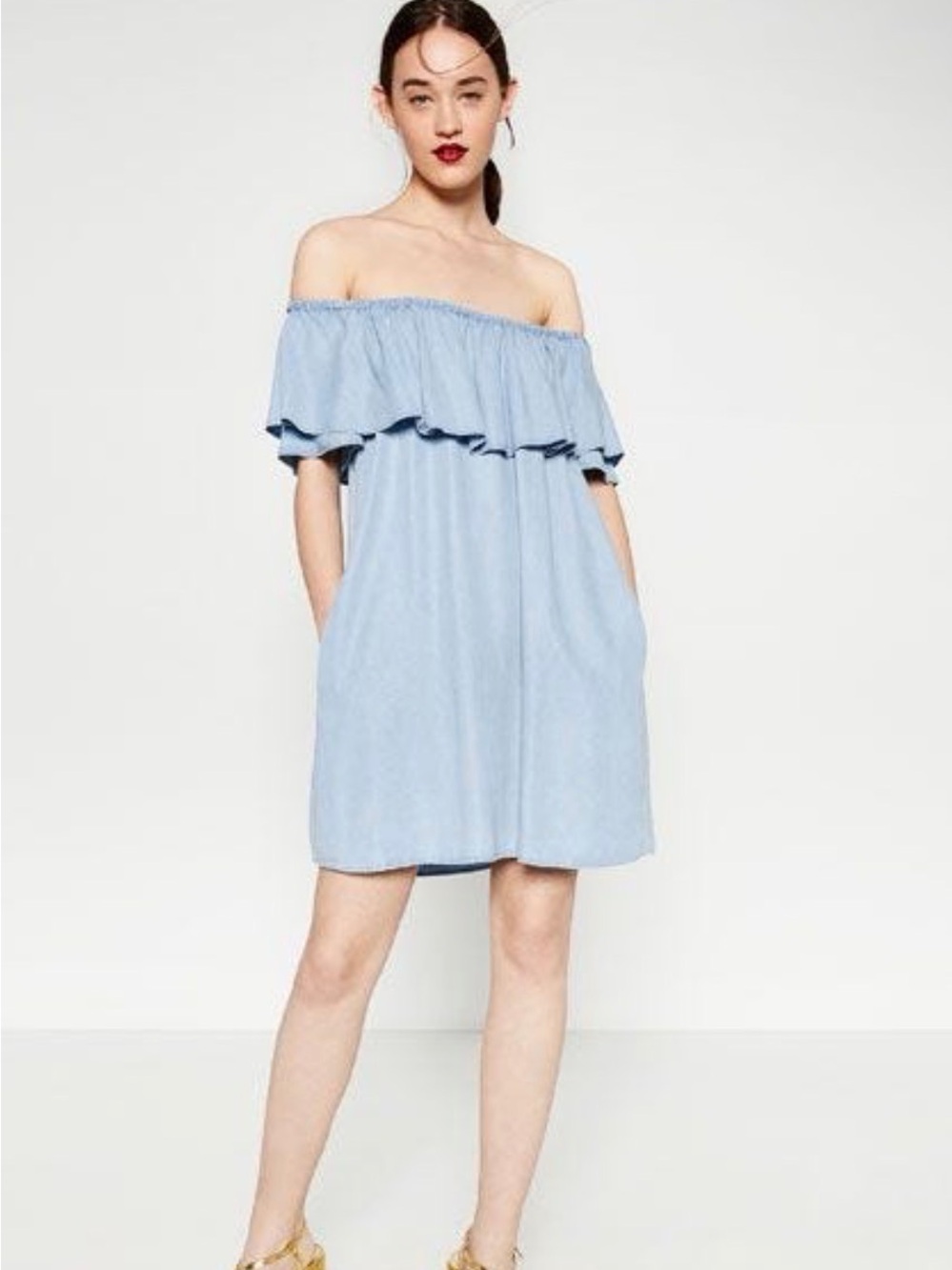 Zara Light Blue Off-Shoulder Ruffle Tunic